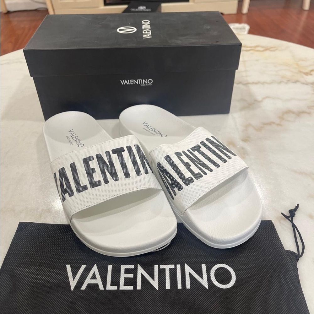 Valentino White Slides with Black Logo